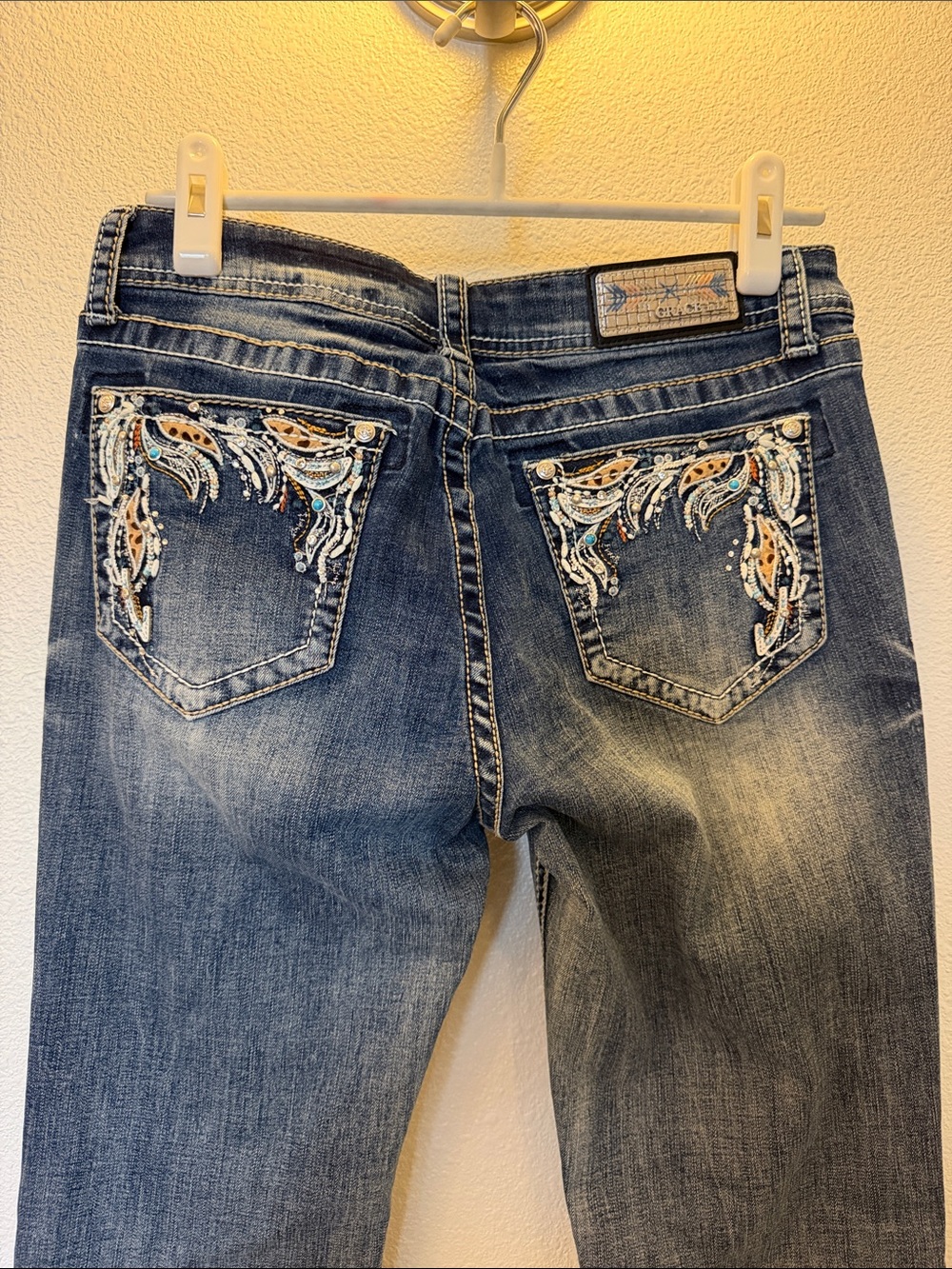 Grace in LA Blue Boot Cut Jeans with Beaded Pocket Embroidery